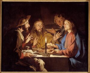 Matthias_(c1600_p1650)_Stomer_-_The_disciples_of_Emmaus_Christ_appears_to_the_pelerins_seated_at_a_table_in_an_i_-_(MeisterDrucke-1023472)